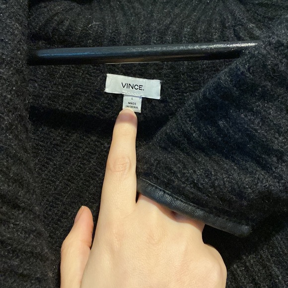 VINCE Black Leather Trim Yak Wool Quiet Luxury Open Front Cardigan Sweater - Picture 3 of 7